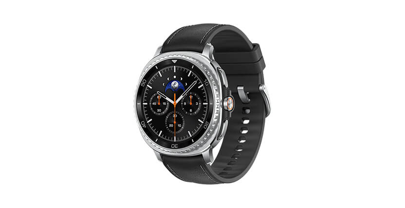 A sleek smartwatch with a round silver bezel, black leather strap, and a detailed analog-style display featuring multiple dials and a moon phase indicator.