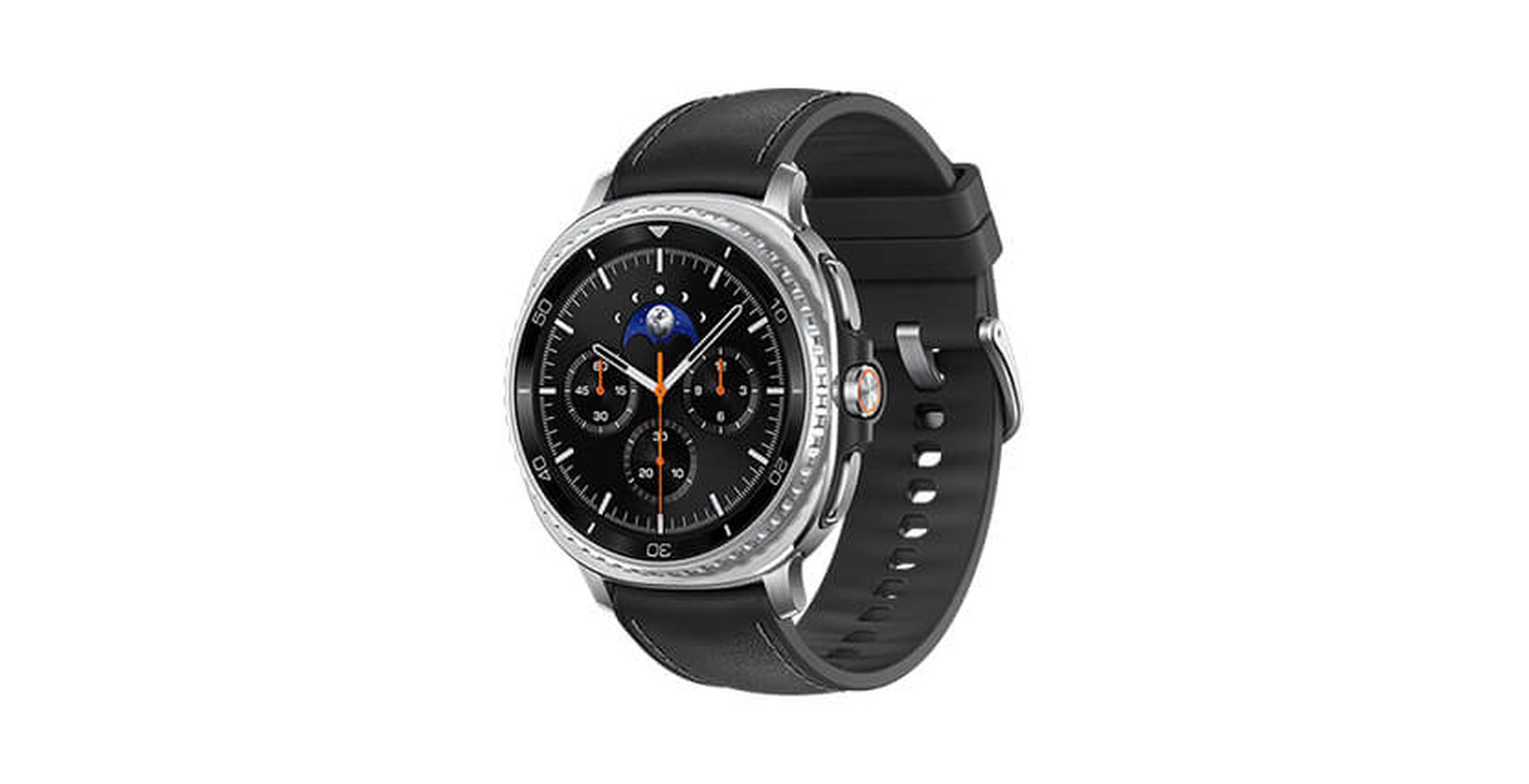 A sleek smartwatch with a round silver bezel, black leather strap, and a detailed analog-style display featuring multiple dials and a moon phase indicator.