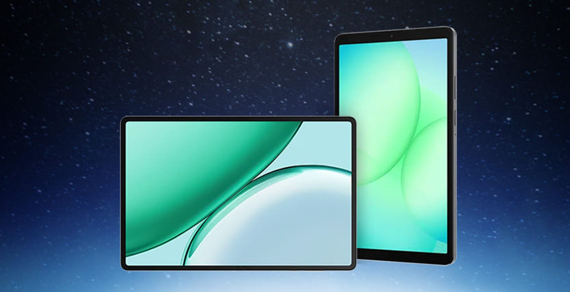 Two tablets with green-themed screens