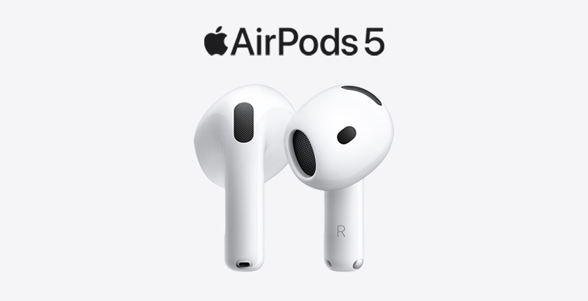 White wireless earbuds labeled "AirPods 5" displayed on a white background, showing both sides of the earbuds with speaker grills visible.