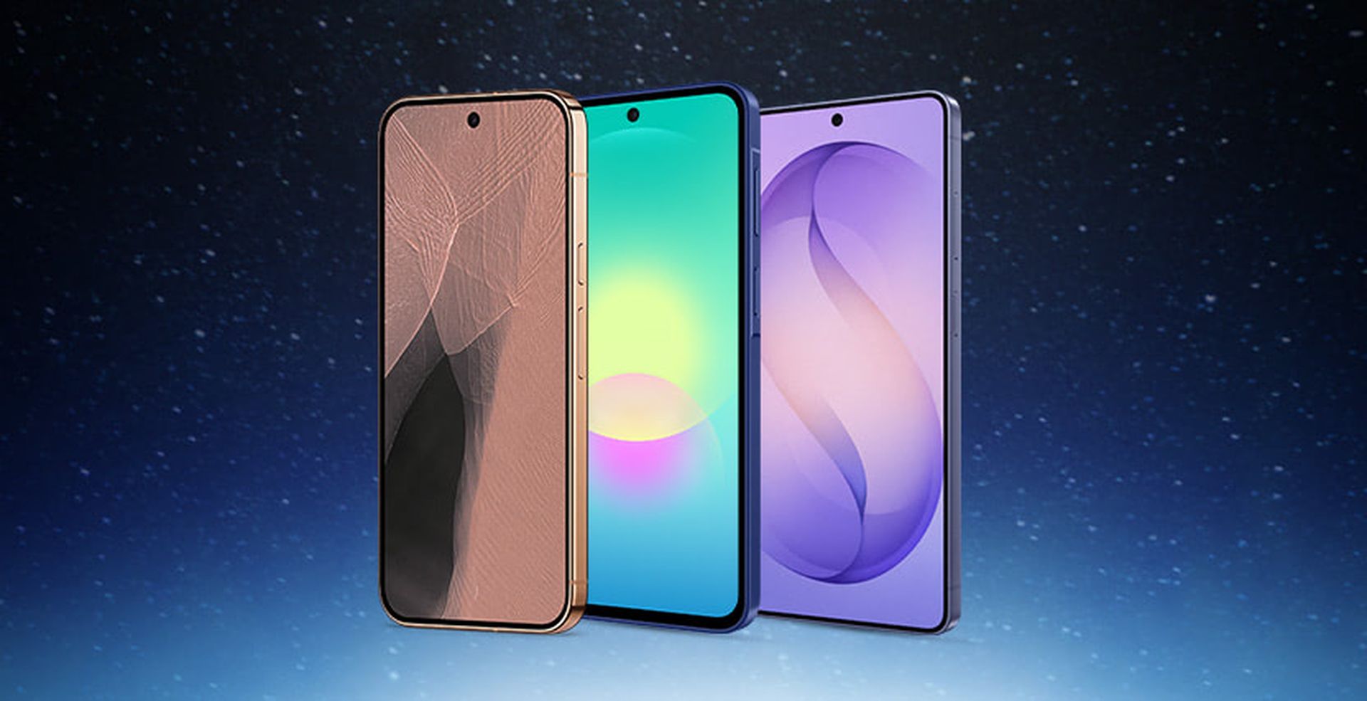 Three modern smartphones with vibrant screens and different designs,