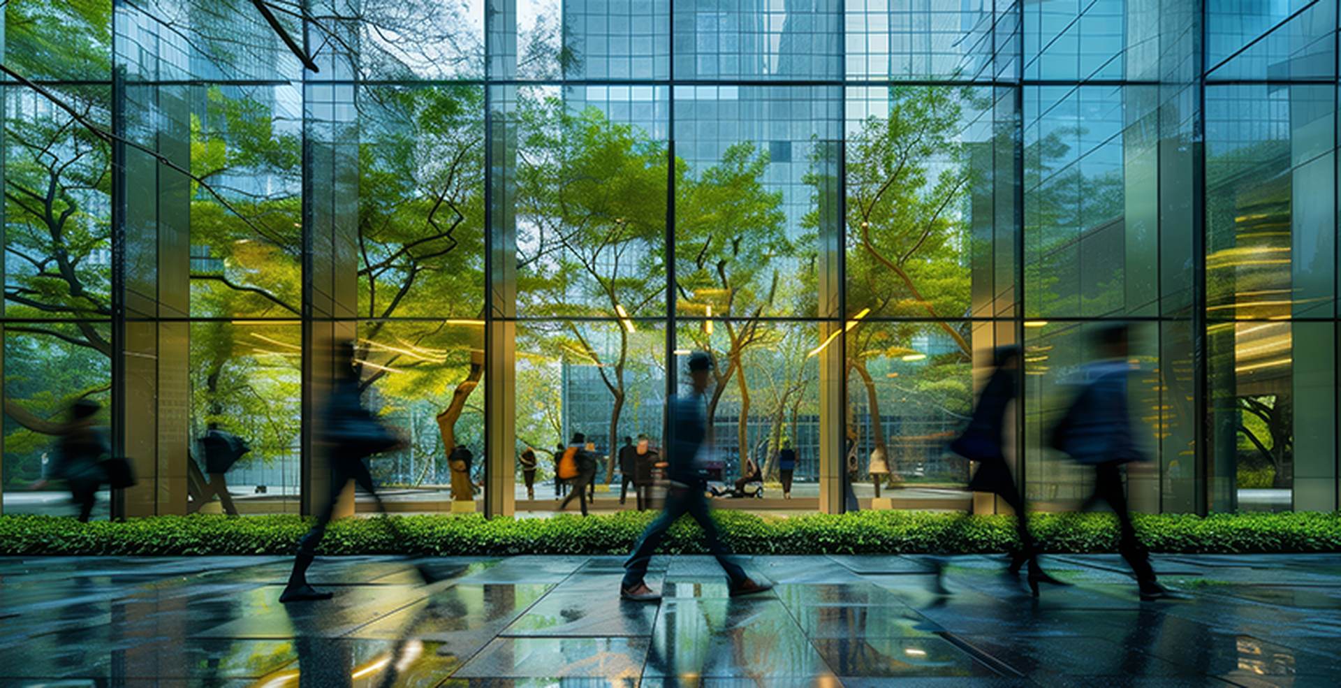 Motion blur image of people working in an office environment of glass with an atrium of trees