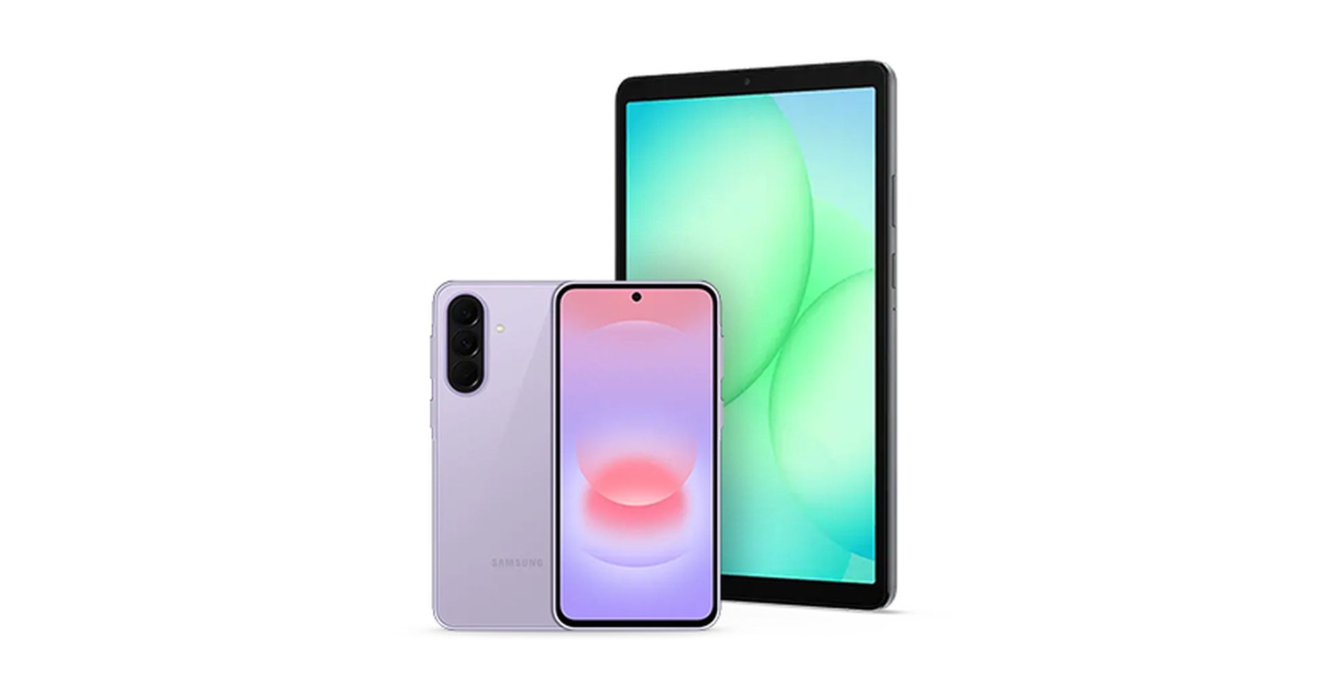 Samsung Galaxy A37 and Samsung Galaxy A11 with vibrant screens. The smartphone is in front, showing a colorful display, while the tablet stands upright behind it.
