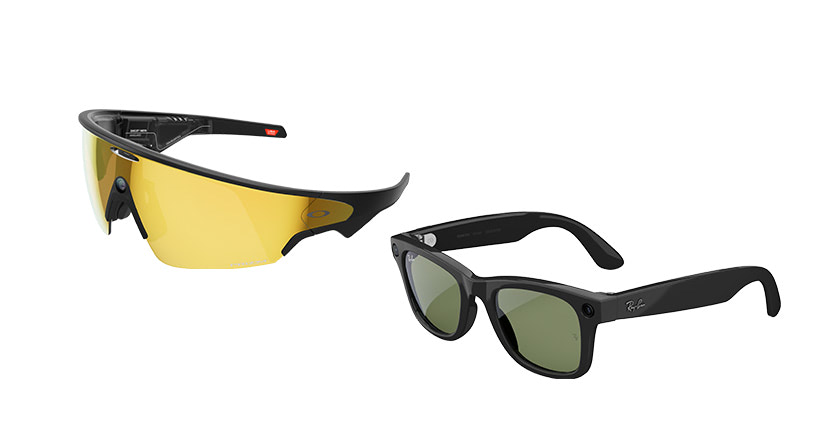 Two pairs of sunglasses: one with yellow lenses and a sporty design, and the other with dark lenses and a classic, black frame.