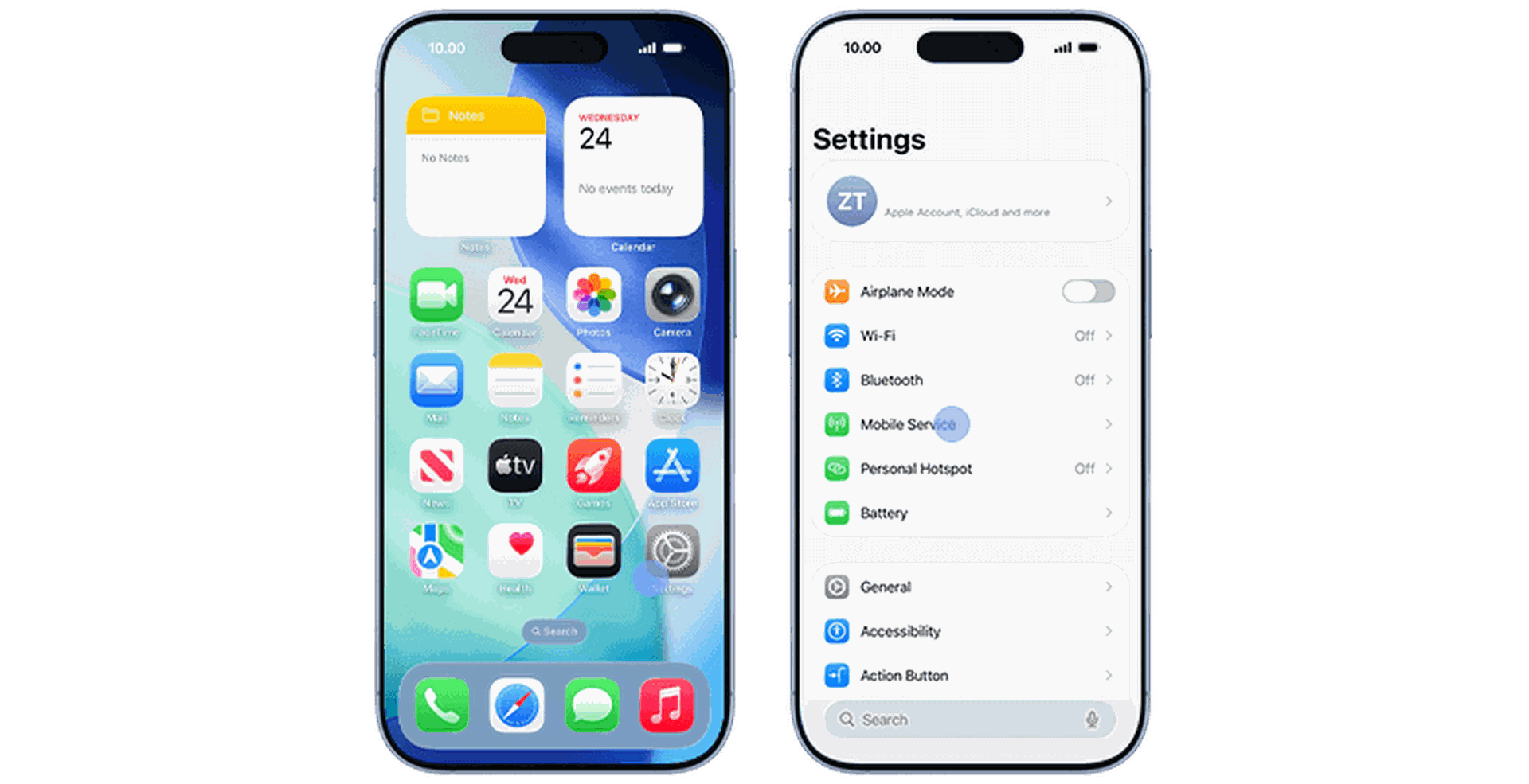 Two smartphones displaying the home screen with app icons and a settings menu featuring options like Wi-Fi, Bluetooth, and Mobile Service.