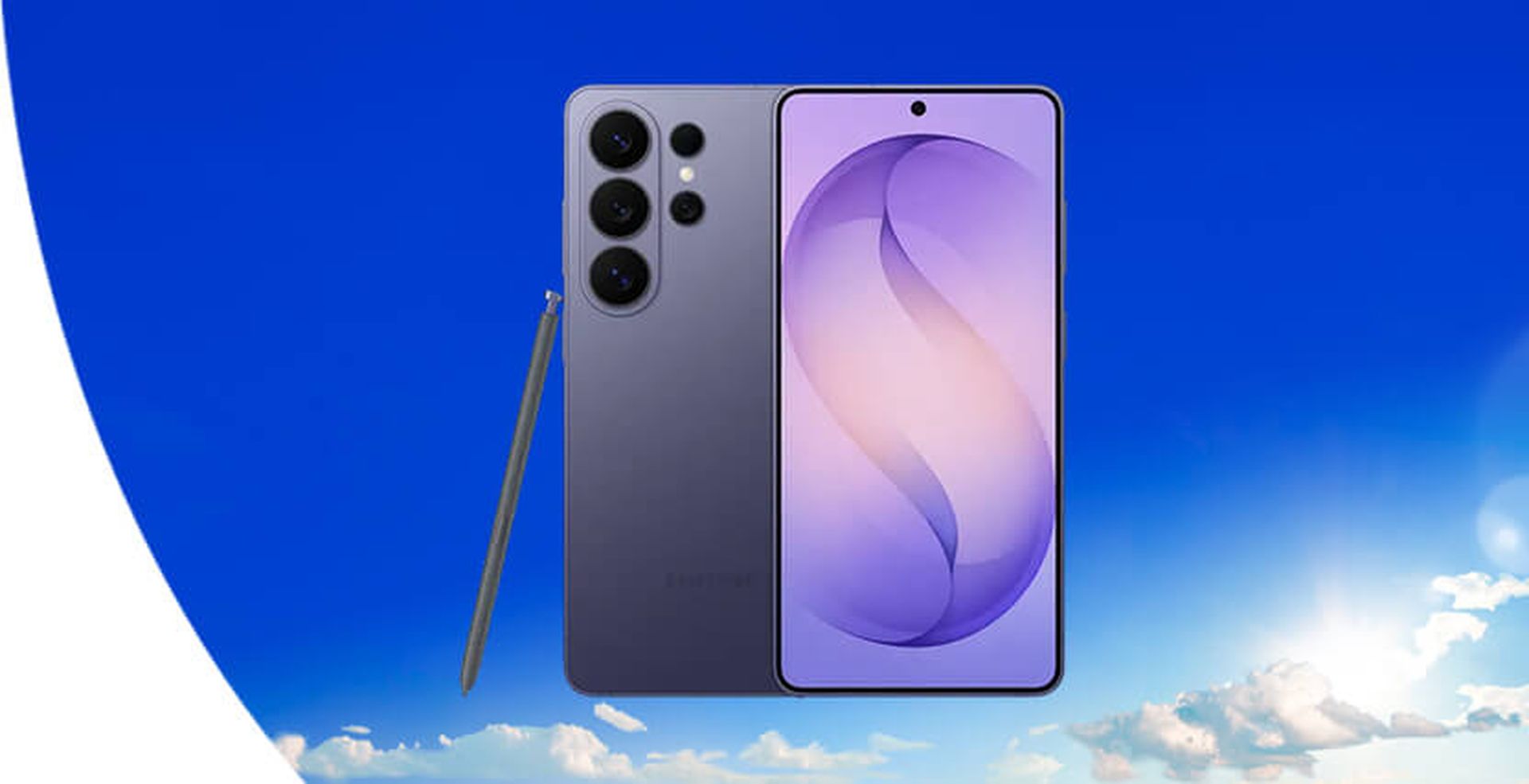 Smartphone with a stylus, gray back, triple cameras, and a vibrant screen, set against a bright blue sky with clouds.