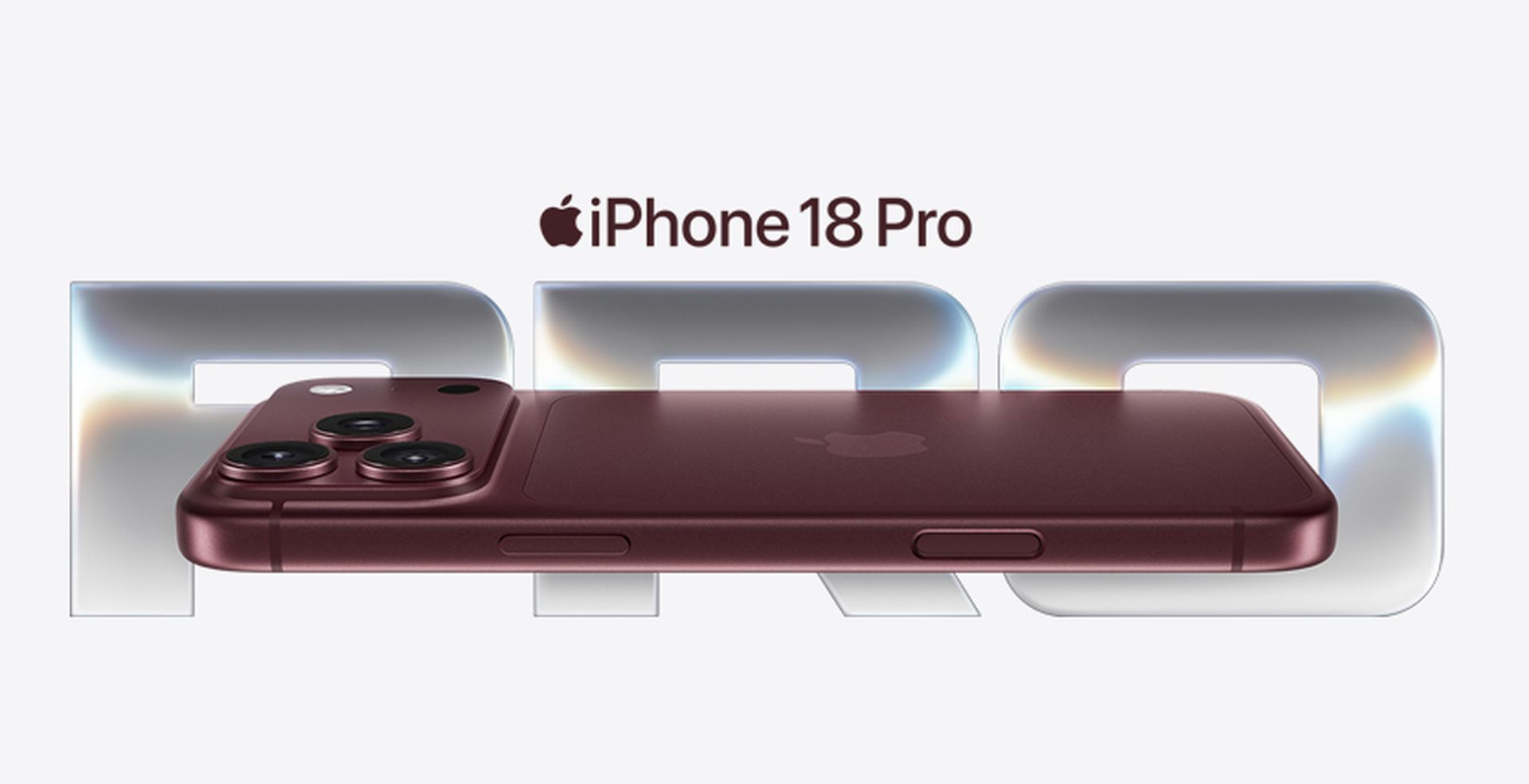 A sleek maroon iPhone 18 Pro, displaying triple cameras, with the word "PRO" in large metallic letters and the Apple logo above.