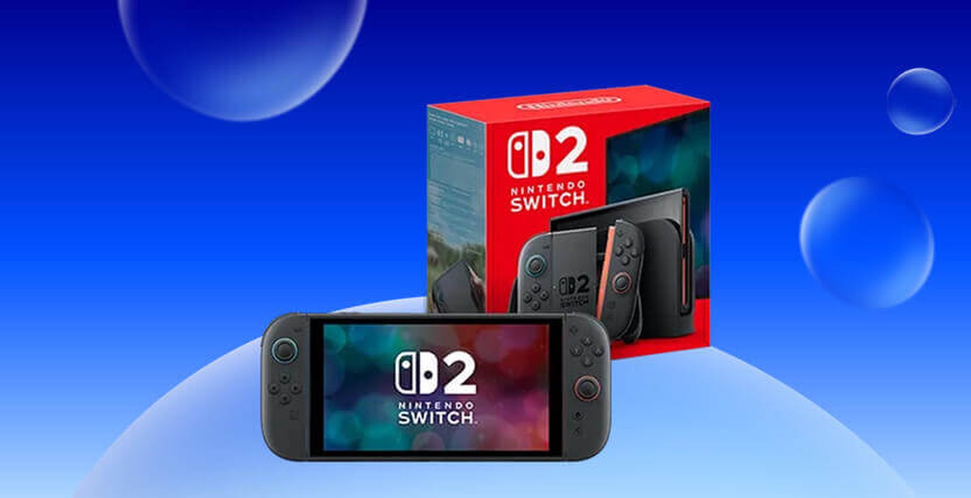 A Nintendo Switch 2 console with its box, set against a blue background with floating bubbles.