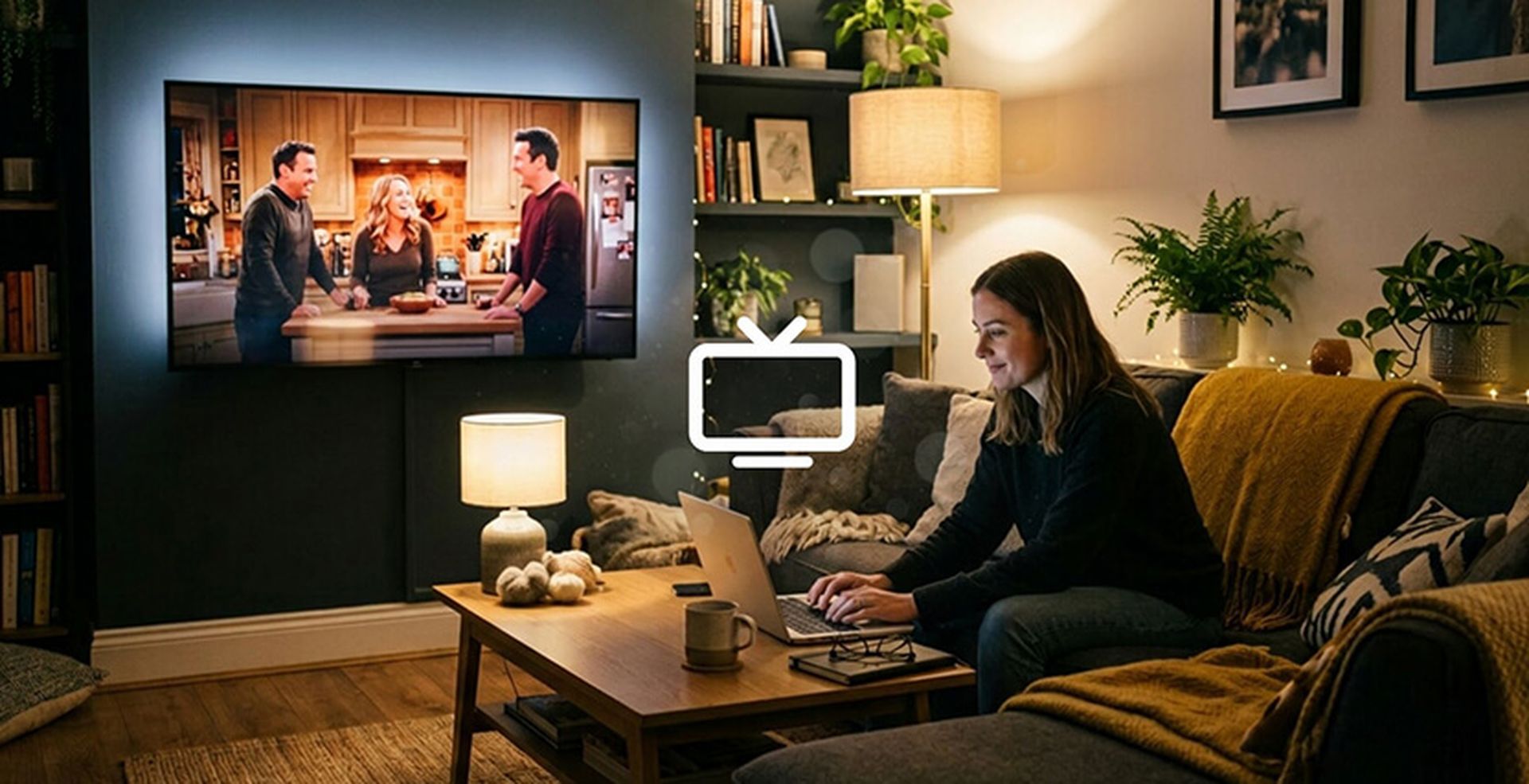 A woman sits on a cozy sofa using a laptop, with a TV on the wall displaying a scene of two men and a woman in a kitchen.