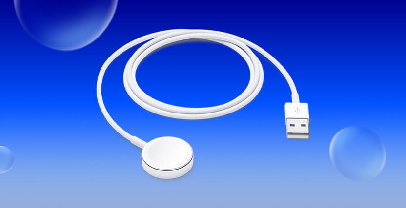 White magnetic charging cable with USB connector on a blue gradient background with translucent bubbles.