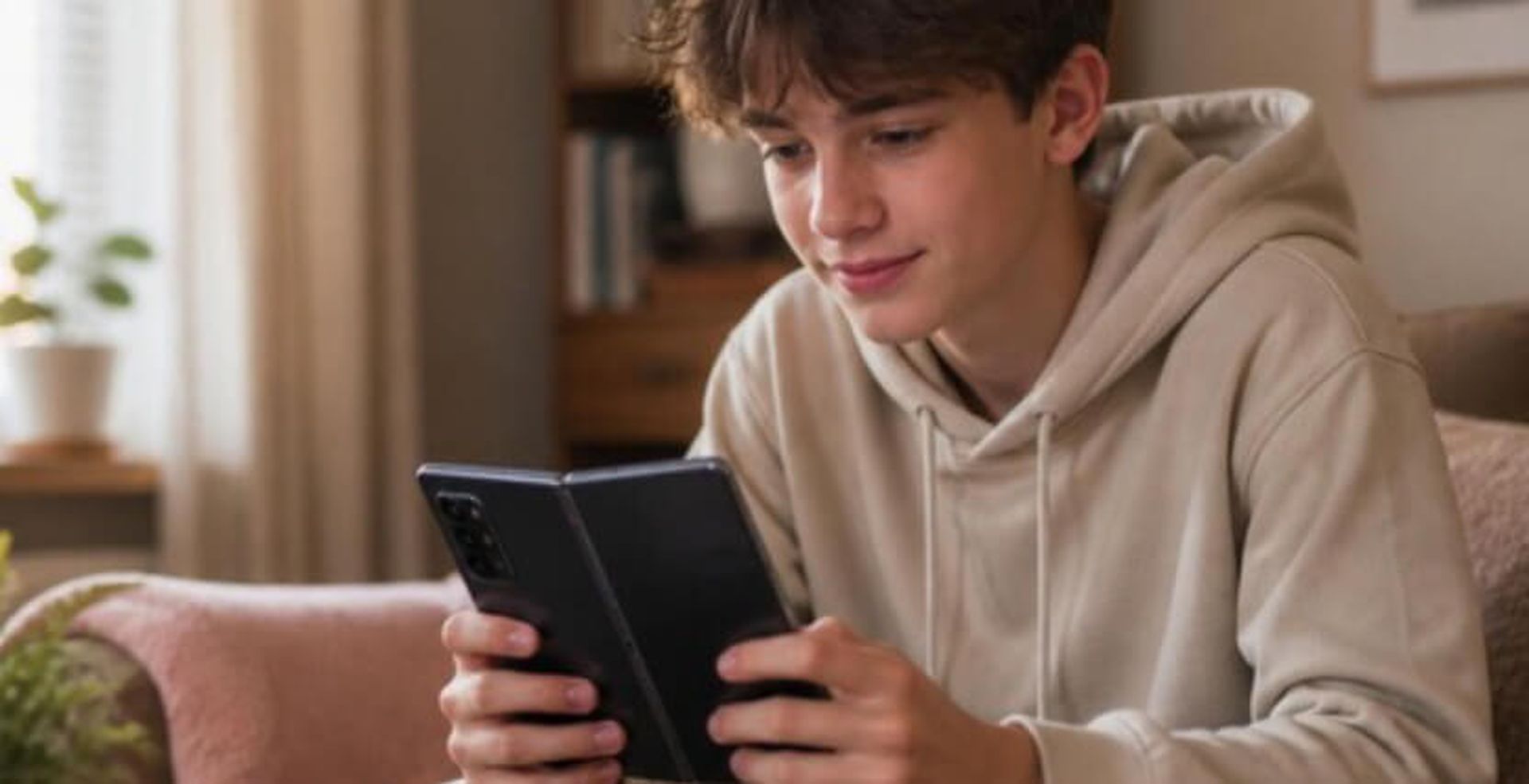 A young person in a beige hoodie is sitting indoors, smiling while looking at a smartphone.