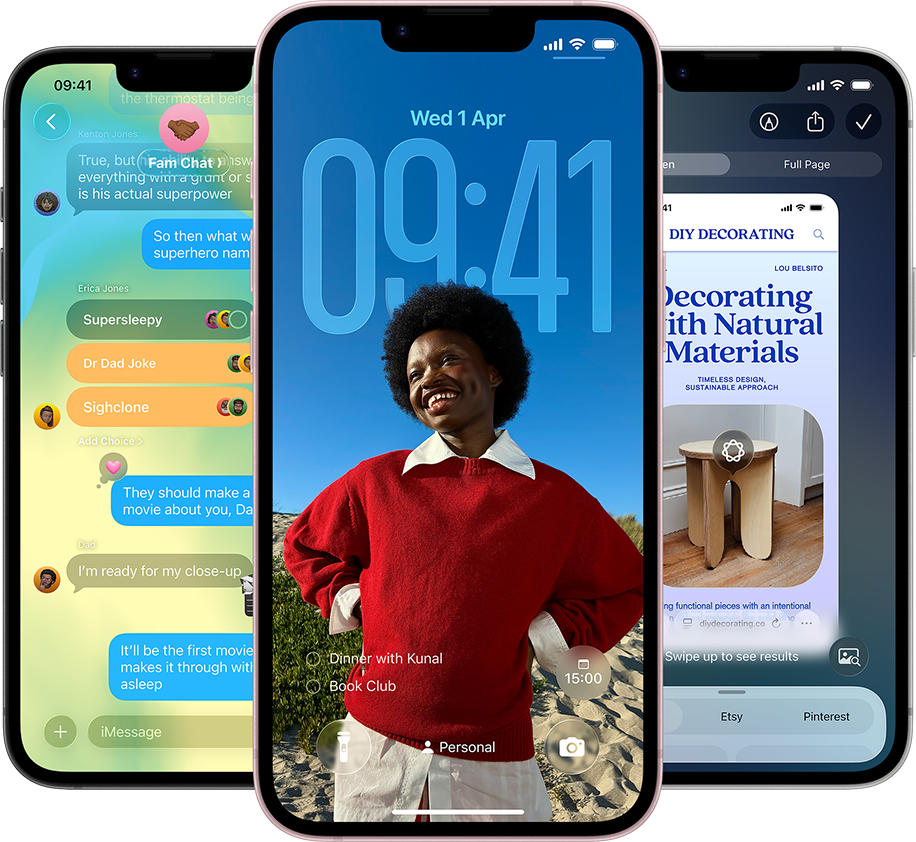 Three iPhone 17e devices, showing Messages app with Liquid Glass design, dynamic Lock Screen, and Visual Intelligence in use